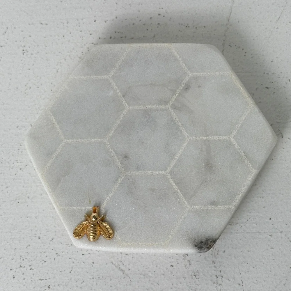 White Marble Hexagon Honeycomb Coasters with Gold Bumble Bee Accents Set of 4